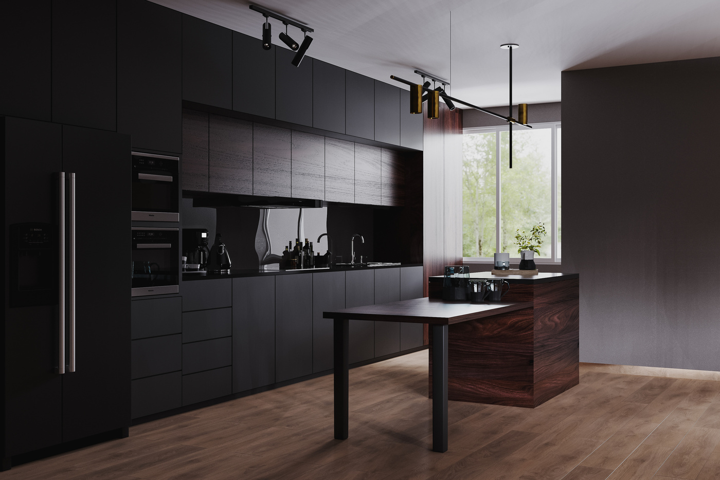Modern Dark Kitchen and Dinning Room Interior with Furniture and
